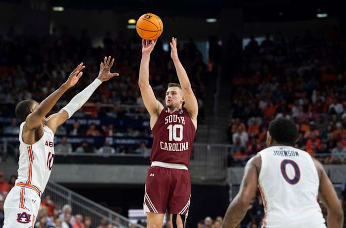 South Carolina Gamecocks guard Erik Stevenson (10) takes a jump shot at Neville Arena in Auburn, Ala., on Saturday, March 5, 2022. Auburn Tigers defeated South Carolina Gamecocks 82-71.